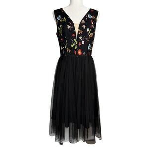 Vissavi Vintage Y2K 8 Tulle Illusion Mesh Dress Embroidered Floral Semi Formal